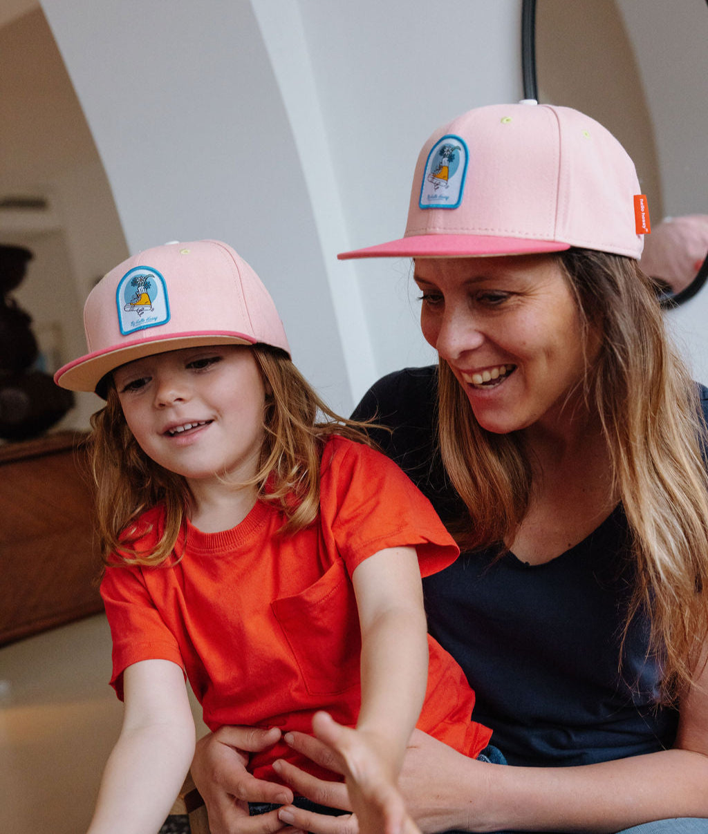 Cappellino bambino rosa visiera piatta patch uccello Duo mamma bambino Hello Hossy