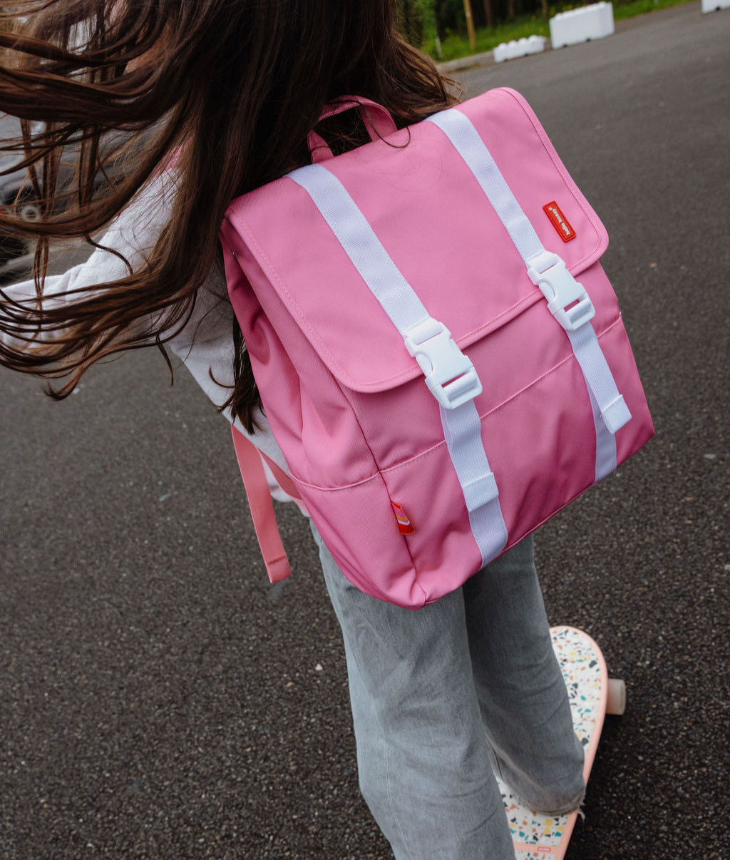 Zaino per bambini rosa, dettagli bianchi, ampia patta, Hello Hossy
