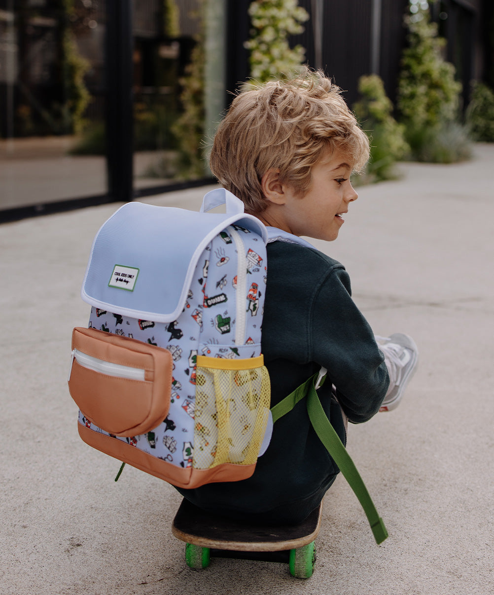 Zaino bambino blu motivo Sport tasca marrone rete giallo Hello Hossy