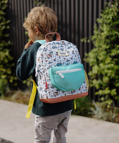 Zaino per bambini bianco, motivo viaggio, tasca turchese Hello Hossy