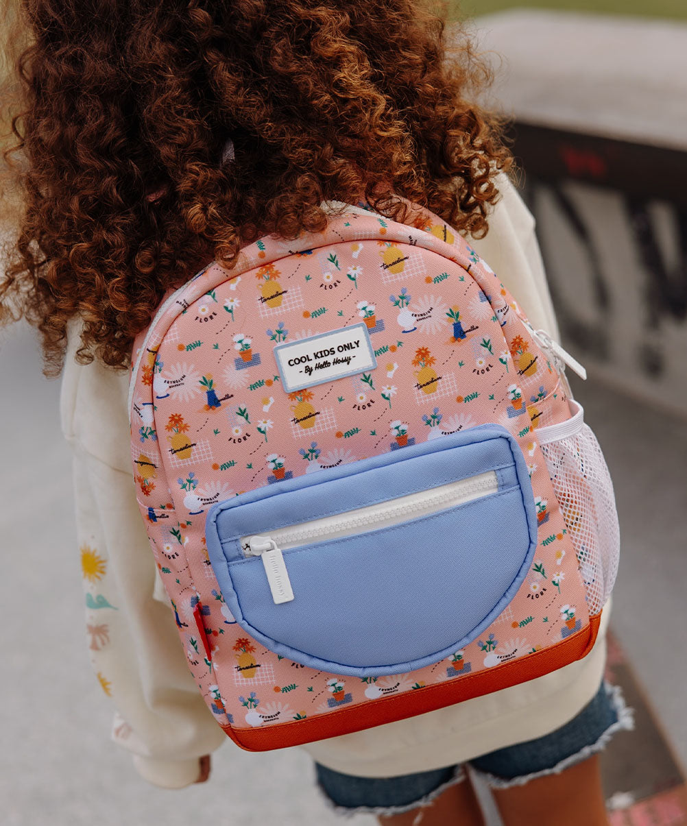 Zaino per bambini rosa con stampa a fiori, tasca blu, Hello Hossy