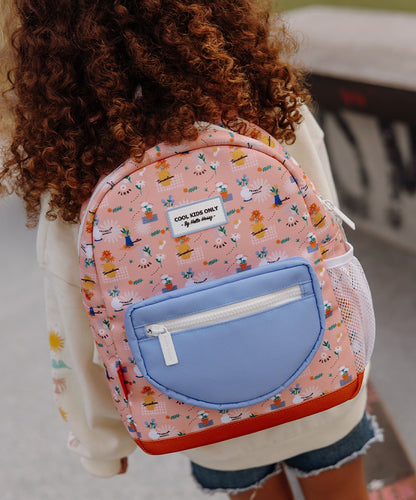 Zaino per bambini rosa con stampa a fiori, tasca blu, Hello Hossy