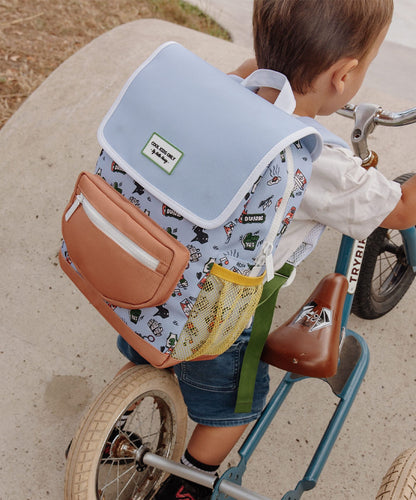 Zaino bambino blu motivo Sport tasca marrone rete giallo Hello Hossy