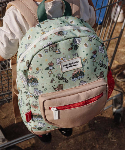 Zaino bambino verde motivo viaggio bicicletta tasca anteriore Beige Hello Hossy