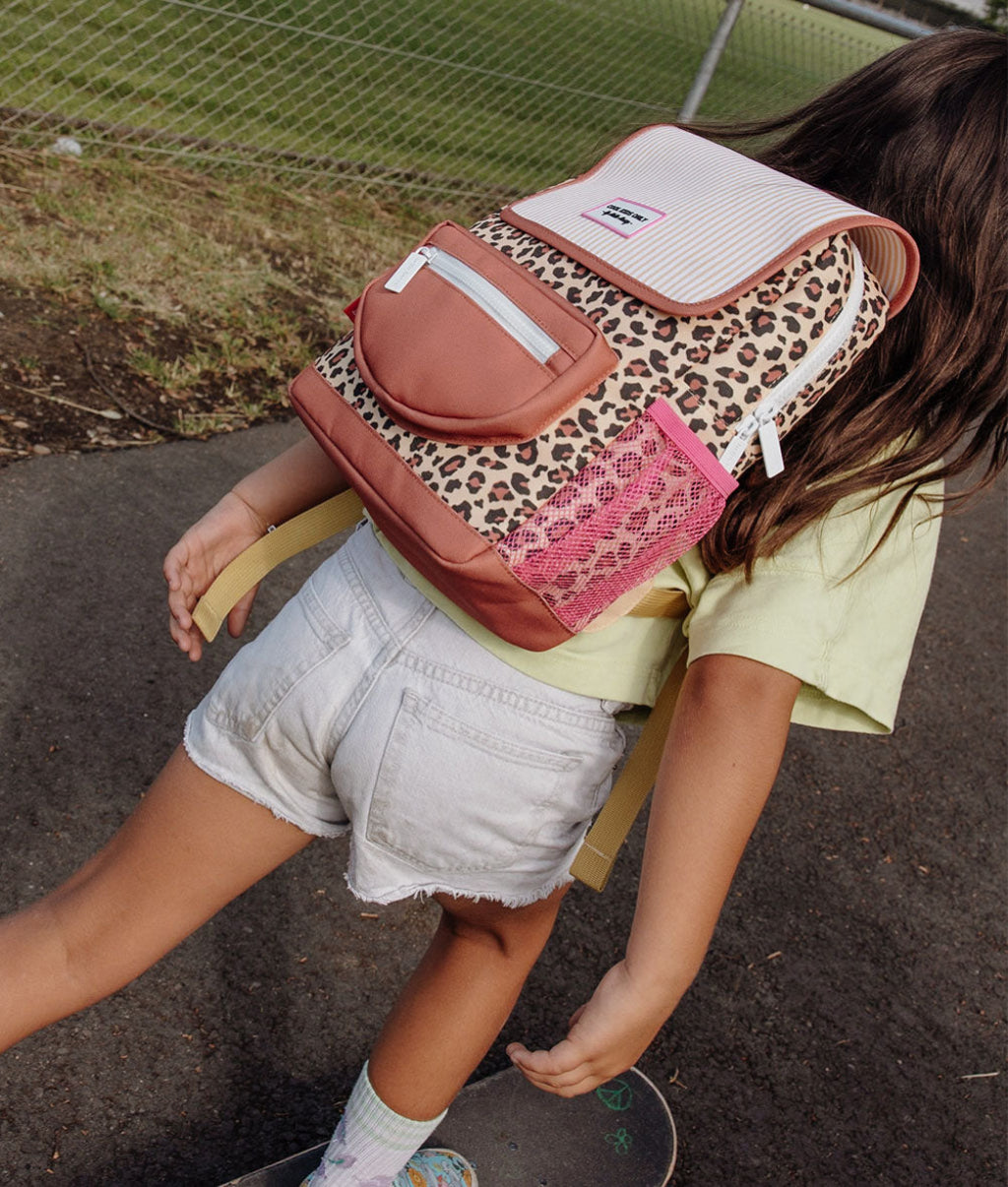 Zaino bambino beige stampato leopard tasca frontale rosa Hello Hossy
