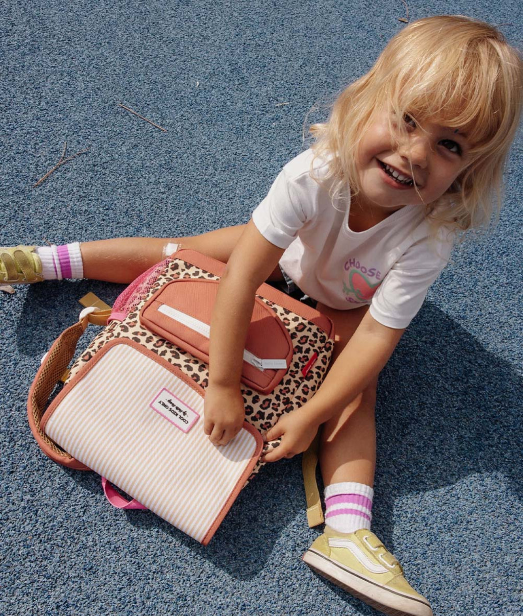 Zaino per bambini Beige stampato leopard tasca a righe rosa Hello Hossy