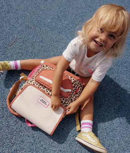 Zaino per bambini Beige stampato leopard tasca a righe rosa Hello Hossy