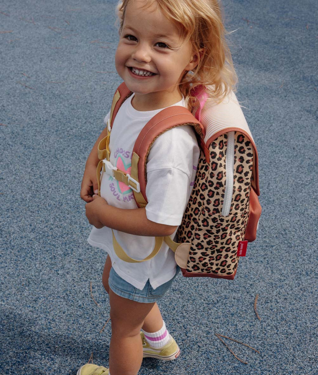 Zaino per bambini beige con motivo leopard, lati in pelle Hello Hossy