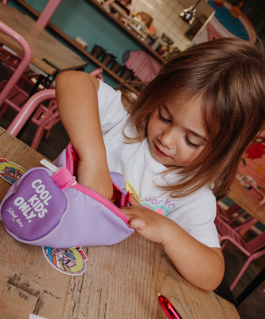 Astuccio scolastico bambino viola zip rosa scritta Cool Kids Only Hello Hossy