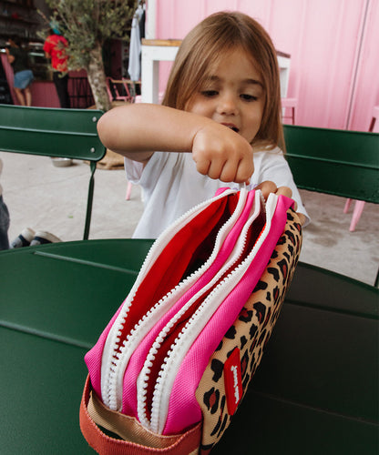 Astuccio scolastico bambino beige motivo leopard tripla zip dettaglio rosa Hello Hossy