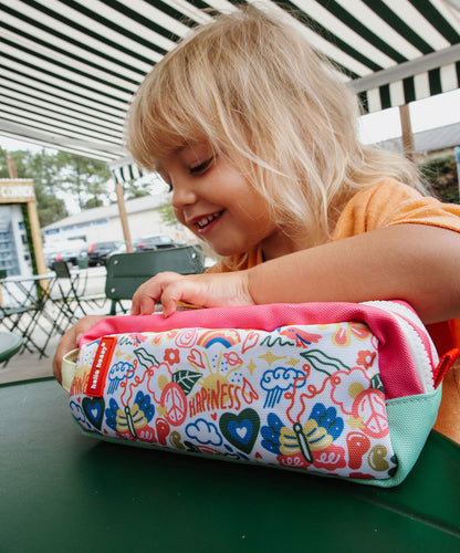 Astuccio scolastico per bambini bianco e verde con stampa arte floreale, dettagli rosa Hello Hossy