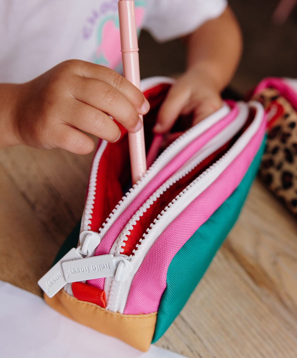 Astuccio scolastico per bambini verde e rosa, doppia zip, interno rosso Hello Hossy