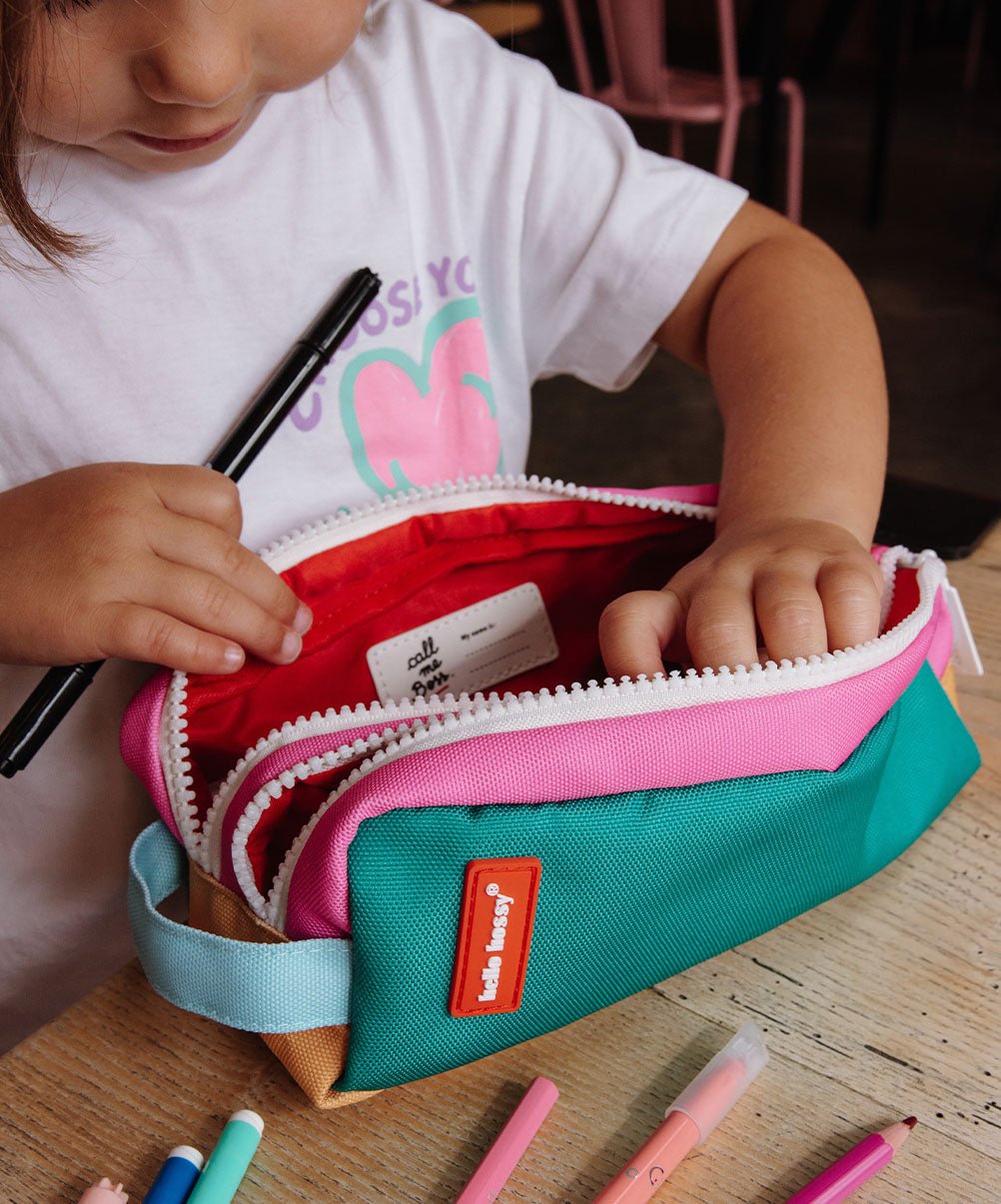 Astuccio scolastico bambino verde rosa doppia cerniera Hello Hossy