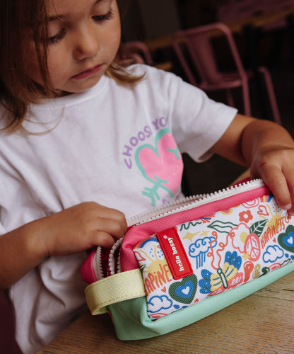 Astuccio scolastico per bambini bianco verde con stampa arte fiori e doppia zip Hello Hossy