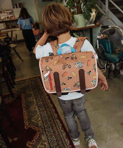 Cartella scolastica per bambini marrone, motivi Mascotte bicicletta, spallacci marroni Hello Hossy