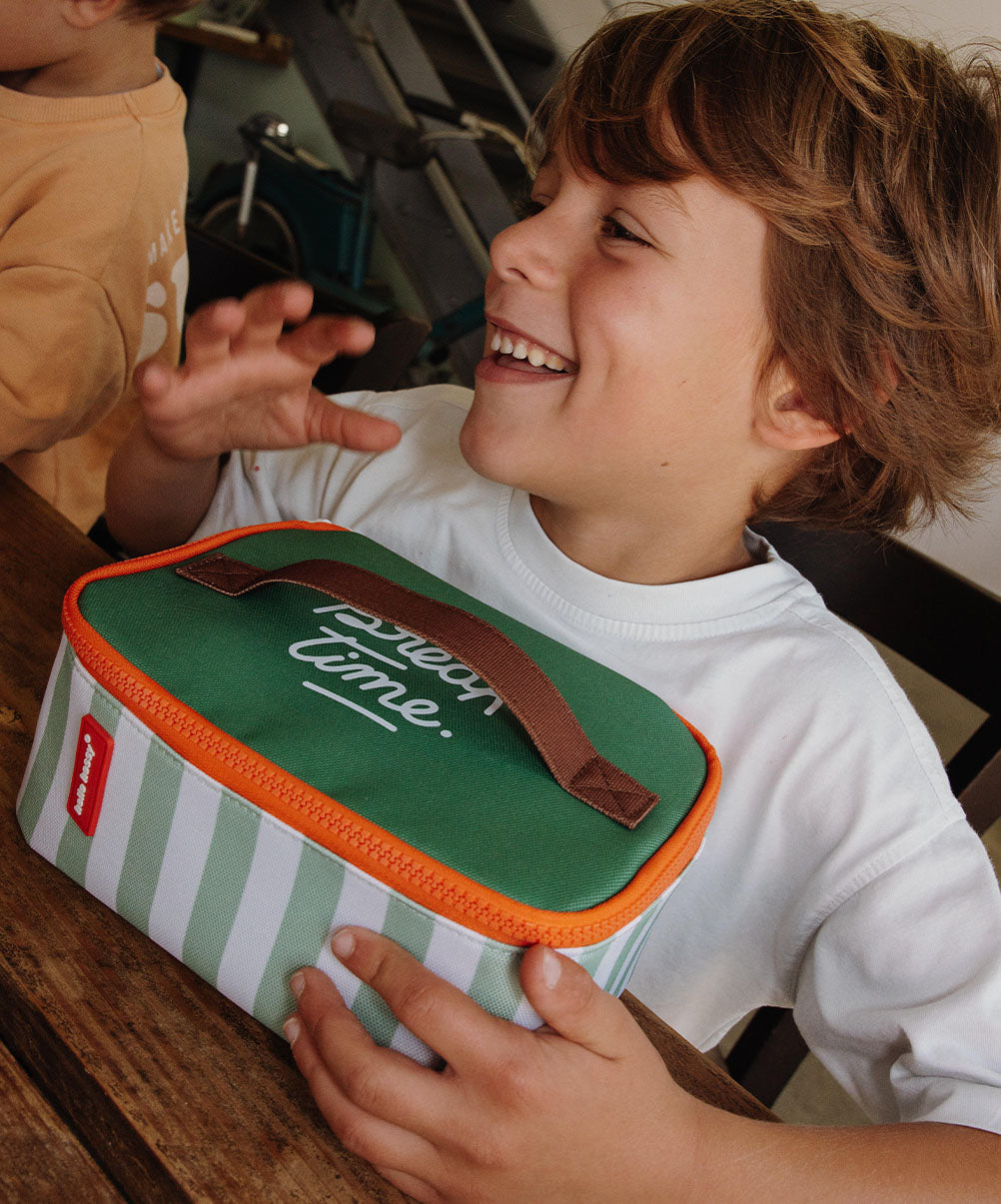 Borsa pranzo per bambini a righe verdi, manico marrone, zip arancione Hello Hossy