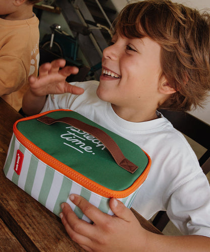 Borsa pranzo per bambini a righe verdi, manico marrone, zip arancione Hello Hossy