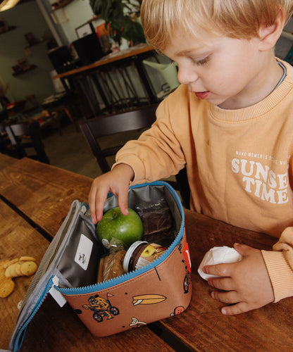 Borsa pranzo bambino marrone con motivi mascotte bicicletta, zip interna Hello Hossy