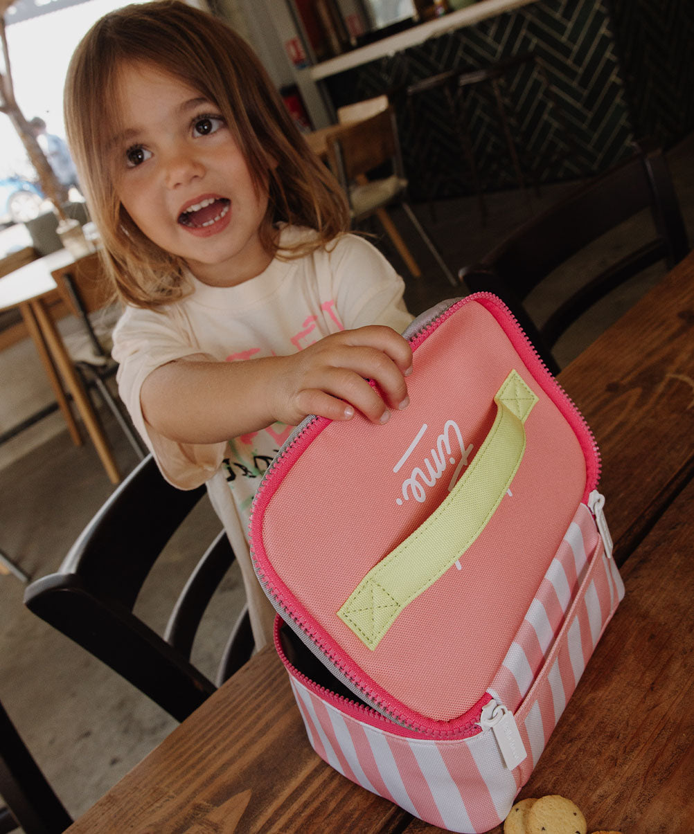 Borsa pranzo bambino rosa a righe manico giallo chiusura a zip Hello Hossy