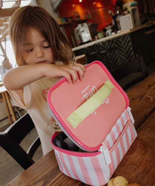 Borsa pranzo bambino a righe rosa con zip e doppio manico giallo Hello Hossy