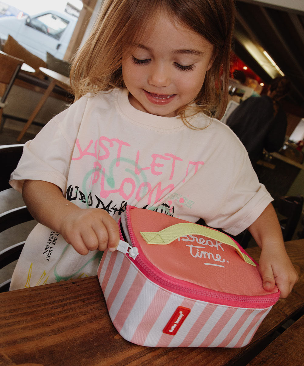 Borsa pranzo per bambini a righe rosa, zip, manico giallo, scritta Hello Hossy