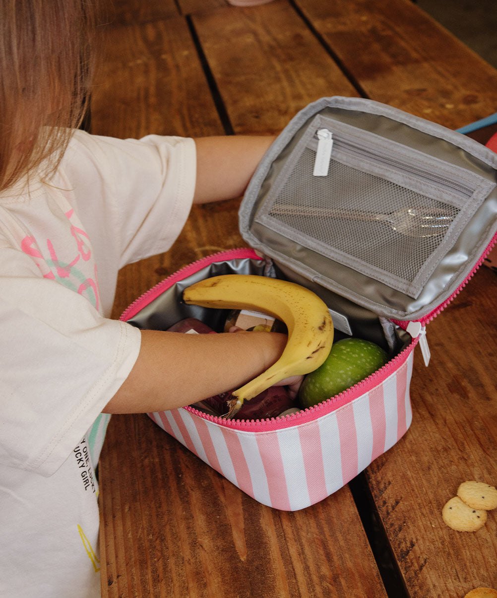 Borsa pranzo per bambini rosa a righe con tasca in rete con zip Hello Hossy