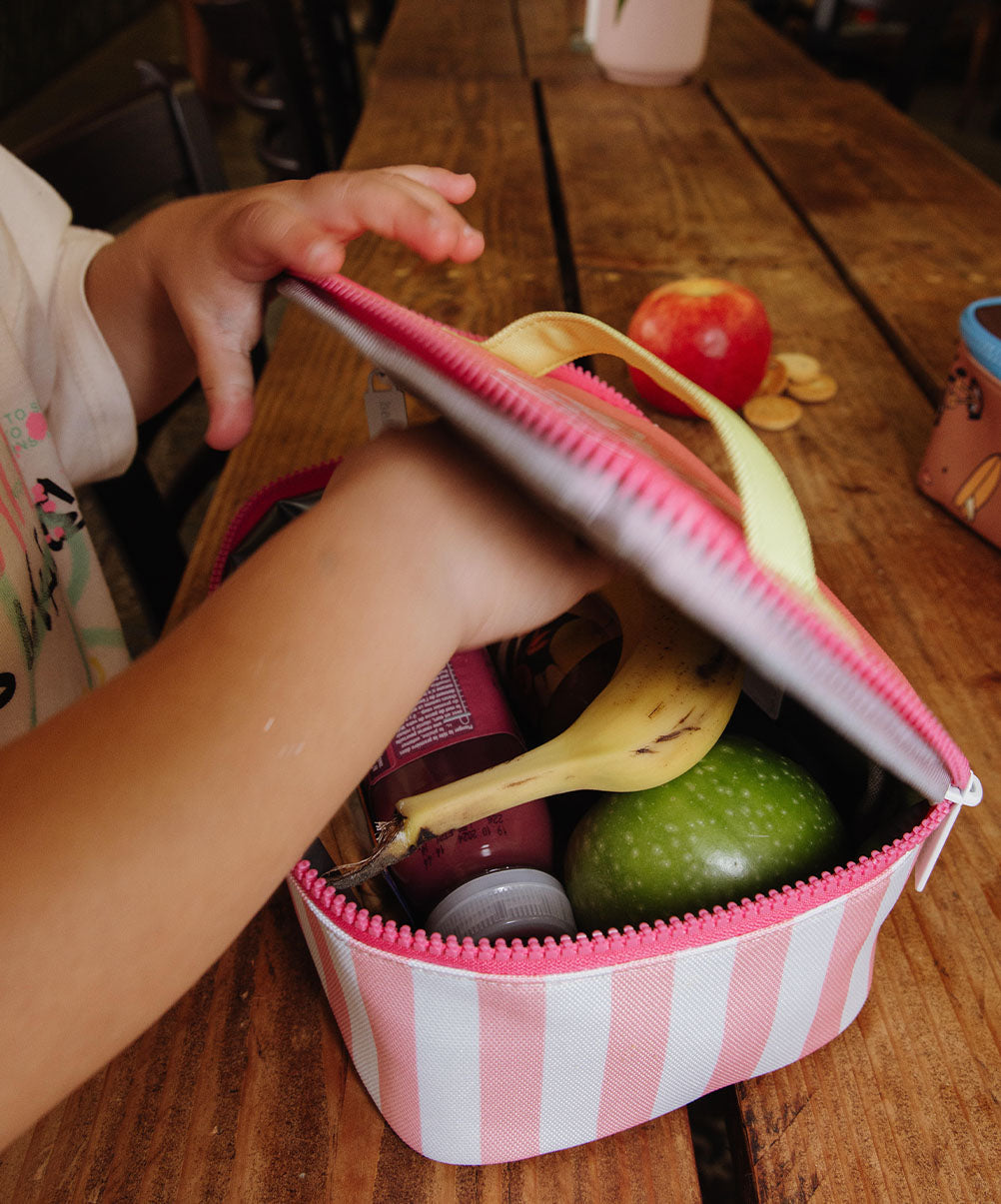 Borsa pranzo bambino rosa a righe con chiusura zip, Hello Hossy