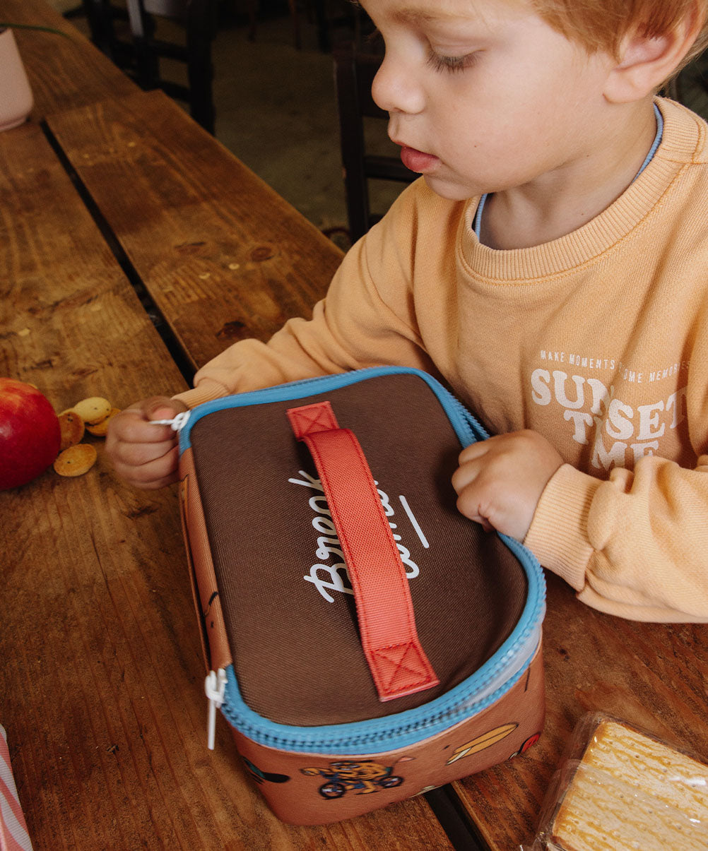 Borsa pranzo bambini marrone manico rosso zip blu motivo bicicletta Hello Hossy