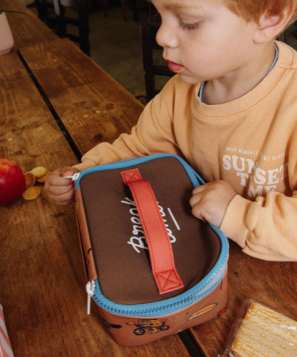 Borsa pranzo bambini marrone manico rosso zip blu motivo bicicletta Hello Hossy