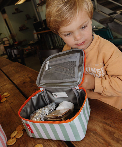 Borsa pranzo bambino a righe verde zip arancione fodera interna Hello Hossy