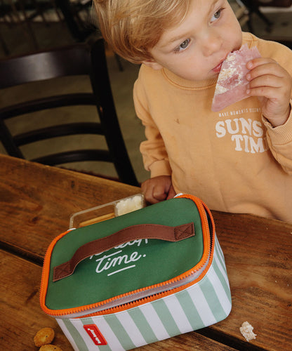 Borsa pranzo bambino a righe verde zip arancione manico marrone Hello Hossy