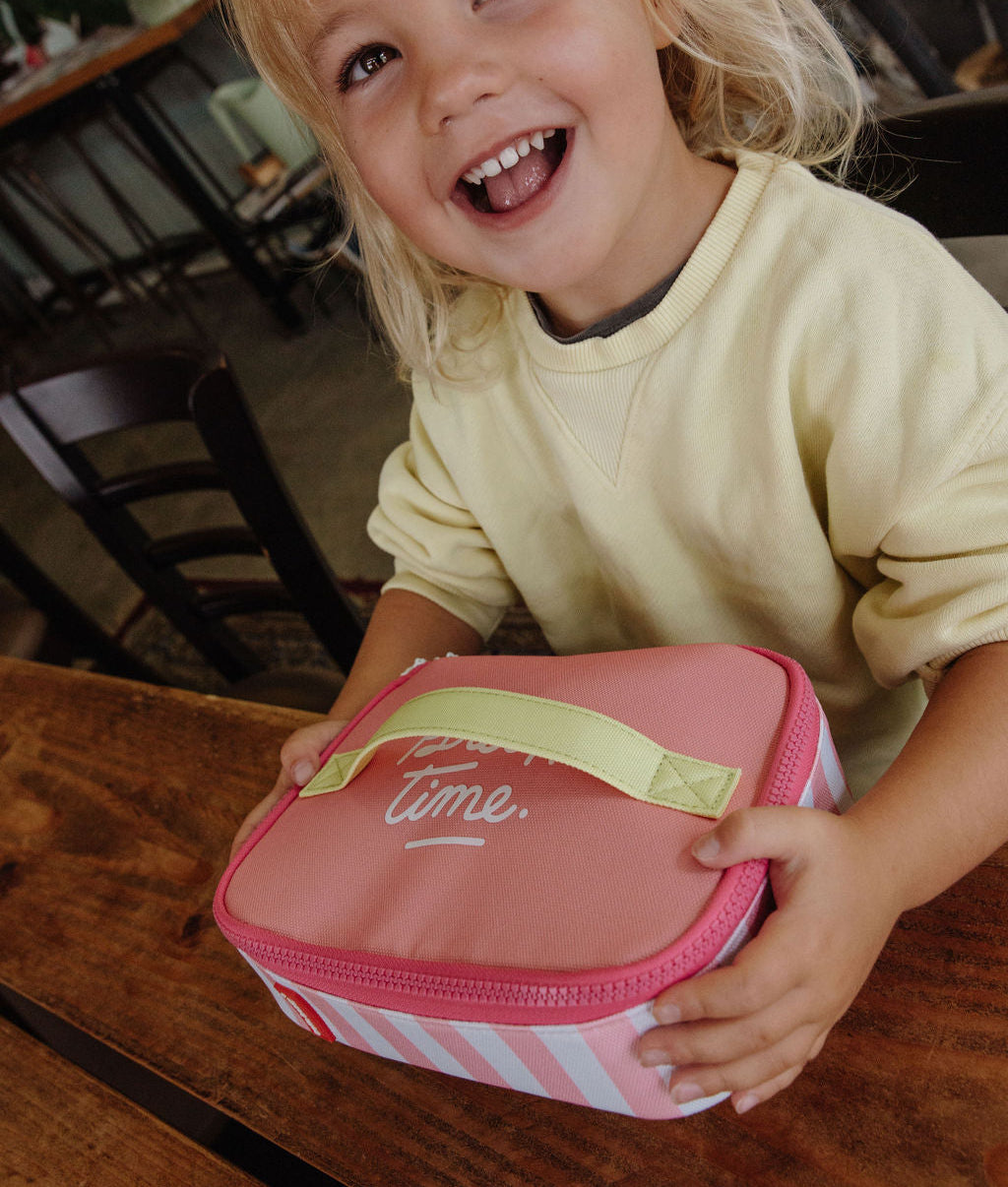 Borsa merenda per bambini rosa a righe, manico giallo, zip rosa Hello Hossy