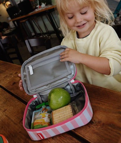 Borsa merenda bambino a righe rosa interno grigio zip rosa Hello Hossy