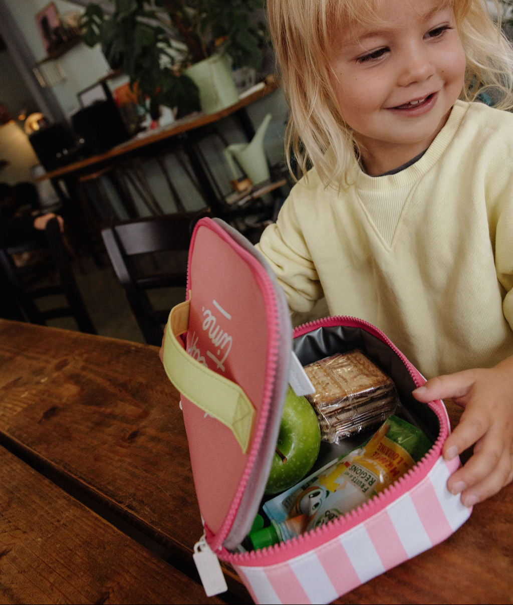 Borsa merenda per bambini a righe rosa, interno grigio e manico giallo Hello Hossy