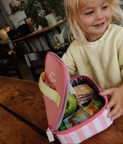 Borsa merenda per bambini a righe rosa, interno grigio e manico giallo Hello Hossy