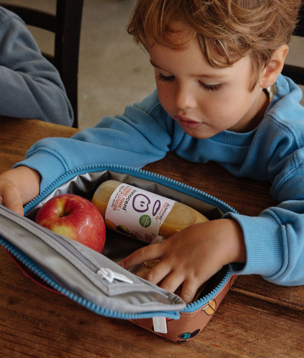 Borsa merenda per bambini marrone con motivo mascotte bicicletta, zip blu Hello Hossy