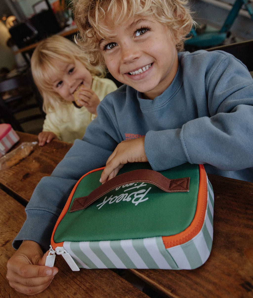 Borsa merenda per bambini verde a righe, manico marrone, zip bianca, Hello Hossy