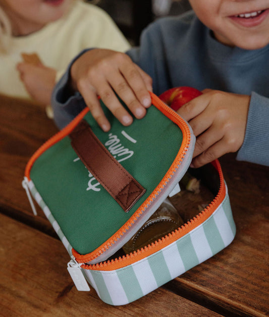 Borsa merenda per bambini a righe verdi, zip arancione, manico marrone Hello Hossy