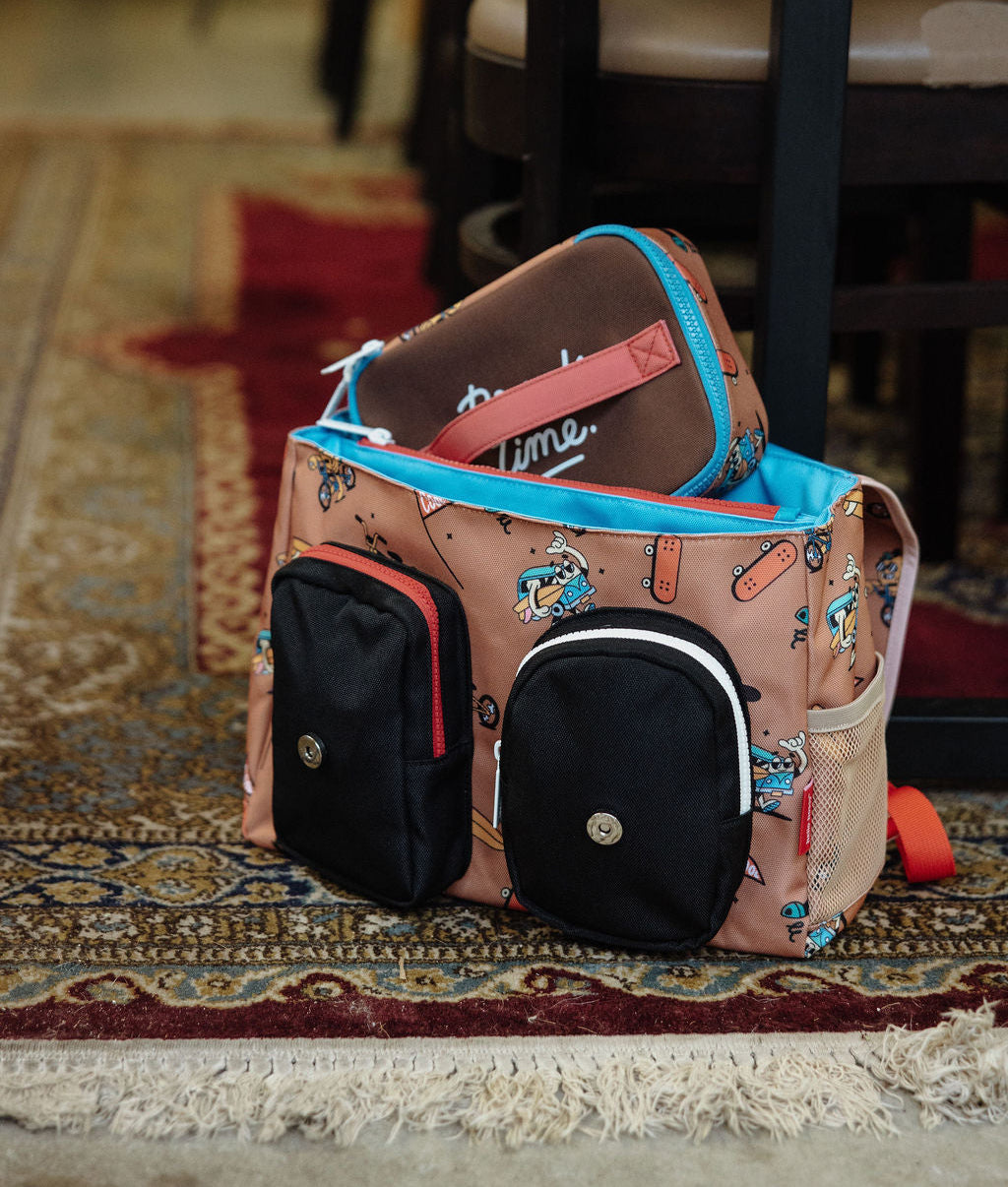Borsa merenda per bambini marrone con motivo Mascotte e bicicletta, tasche nere Hello Hossy
