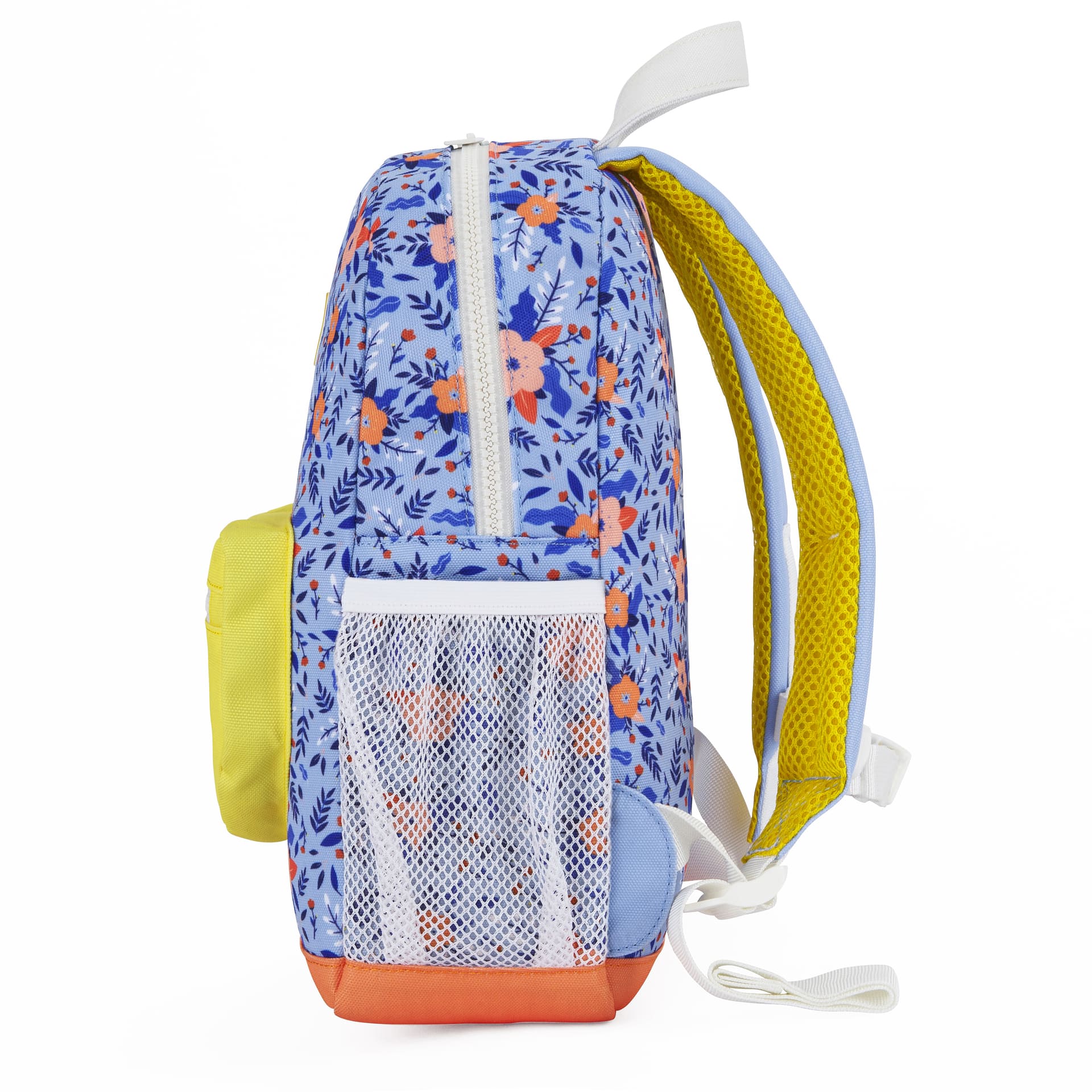 Zaino per bambini blu con motivo a fiori, tasca in rete bianca, dettaglio arancione Hello Hossy