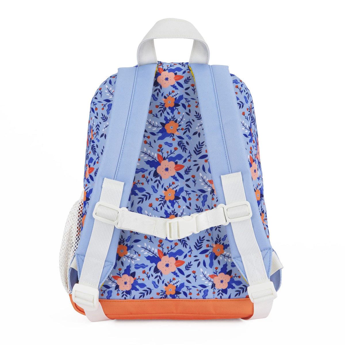 Zaino per bambini blu con motivo fiori, spalline bianche e base arancione Hello Hossy
