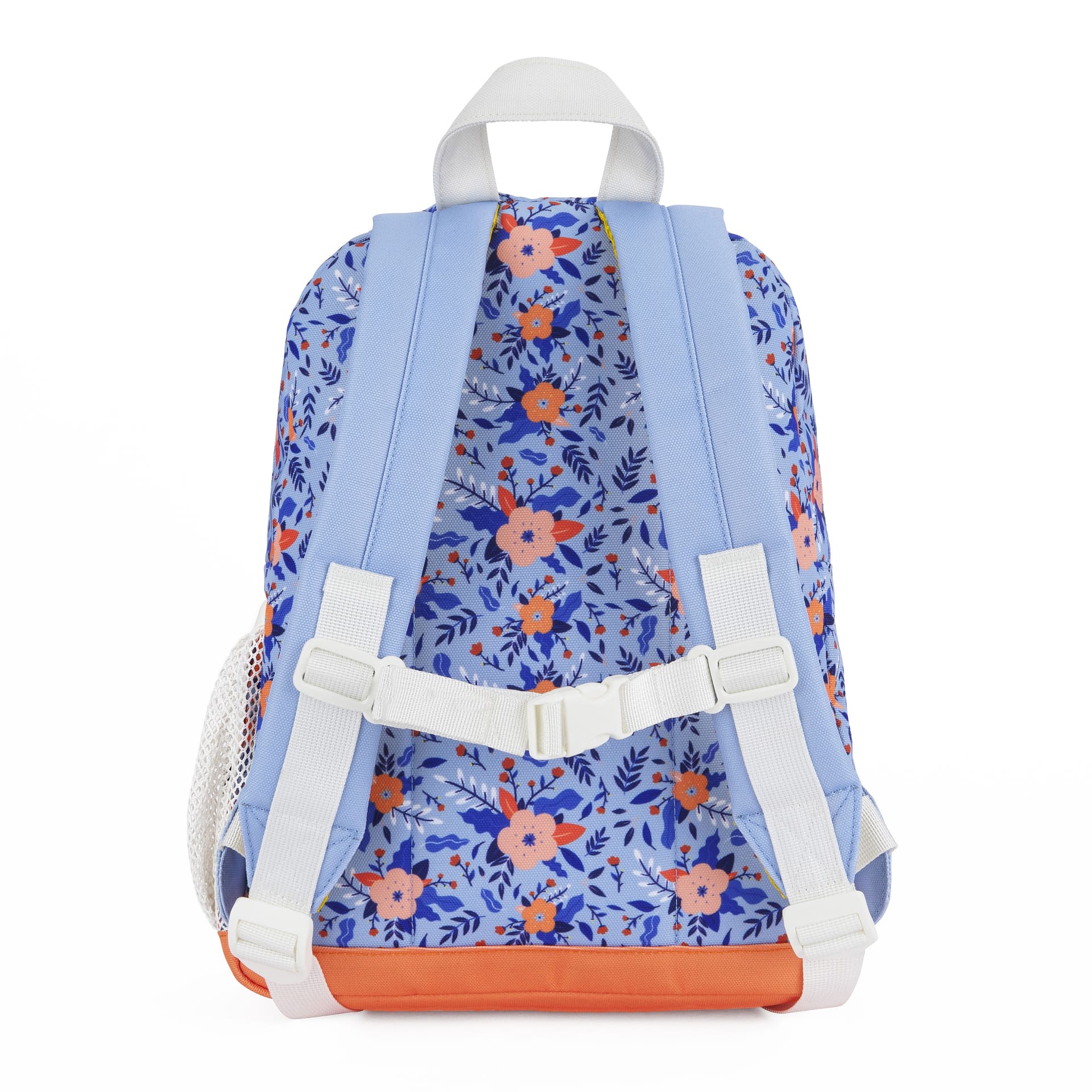 Zaino per bambini blu con motivo fiori, spalline bianche e base arancione Hello Hossy
