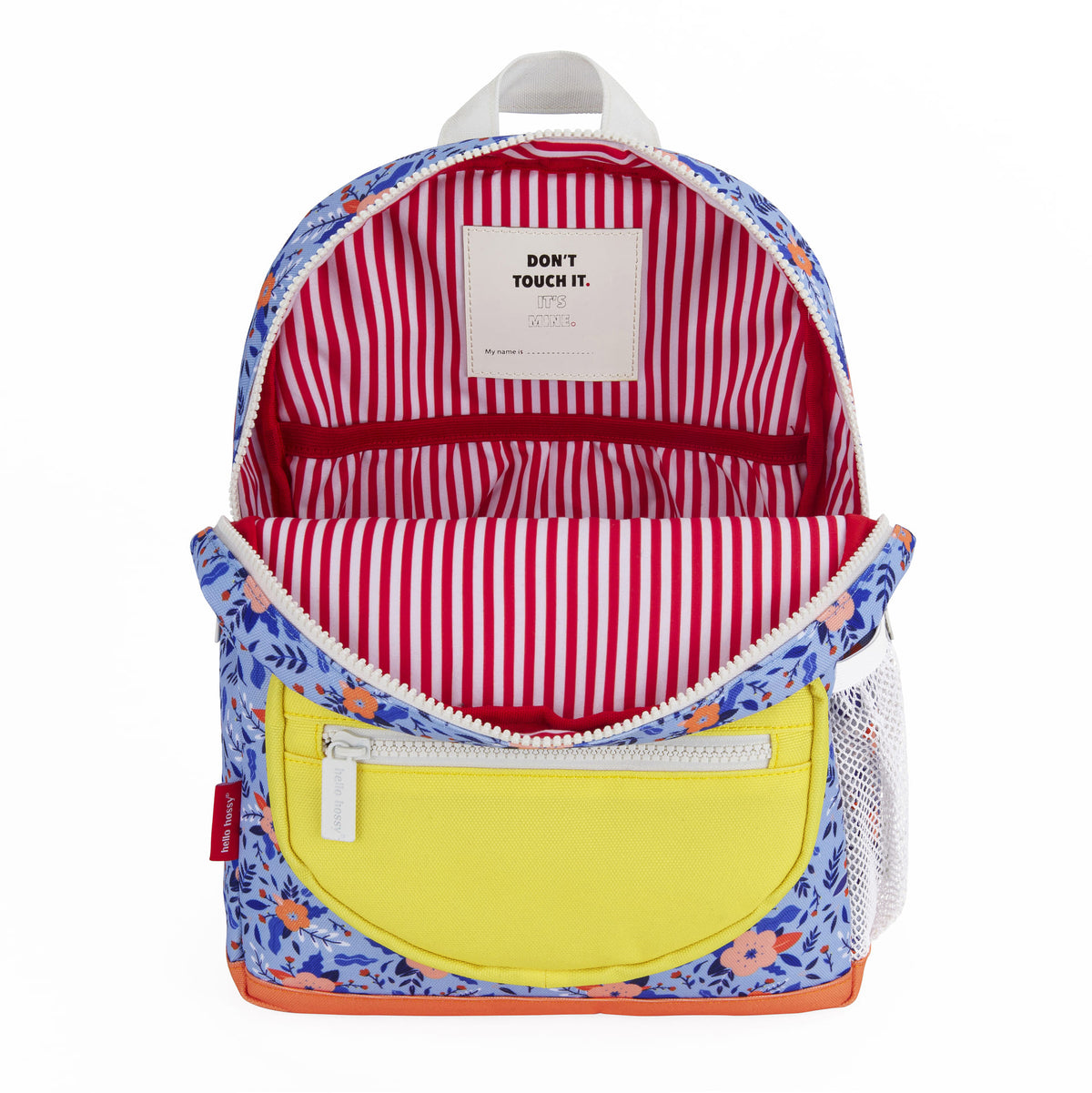 Zaino bambino blu motivo fiori tasca gialla righe interne Hello Hossy