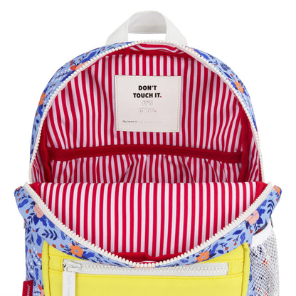 Zaino bambino blu motivo fiori interno a righe rosso bianco tasca giallo Hello Hossy