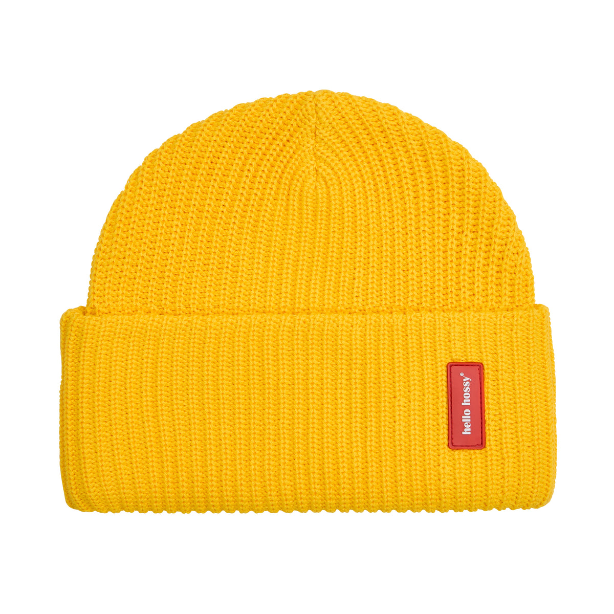 Berretto per bambini giallo, maglia a coste, risvolto piegato, etichetta cucita Hello Hossy