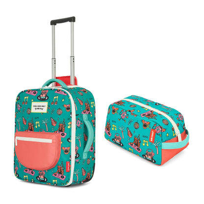 Valigia verde per bambini con motivo musica, maniglia rosa, zaino da toilette Hello Hossy