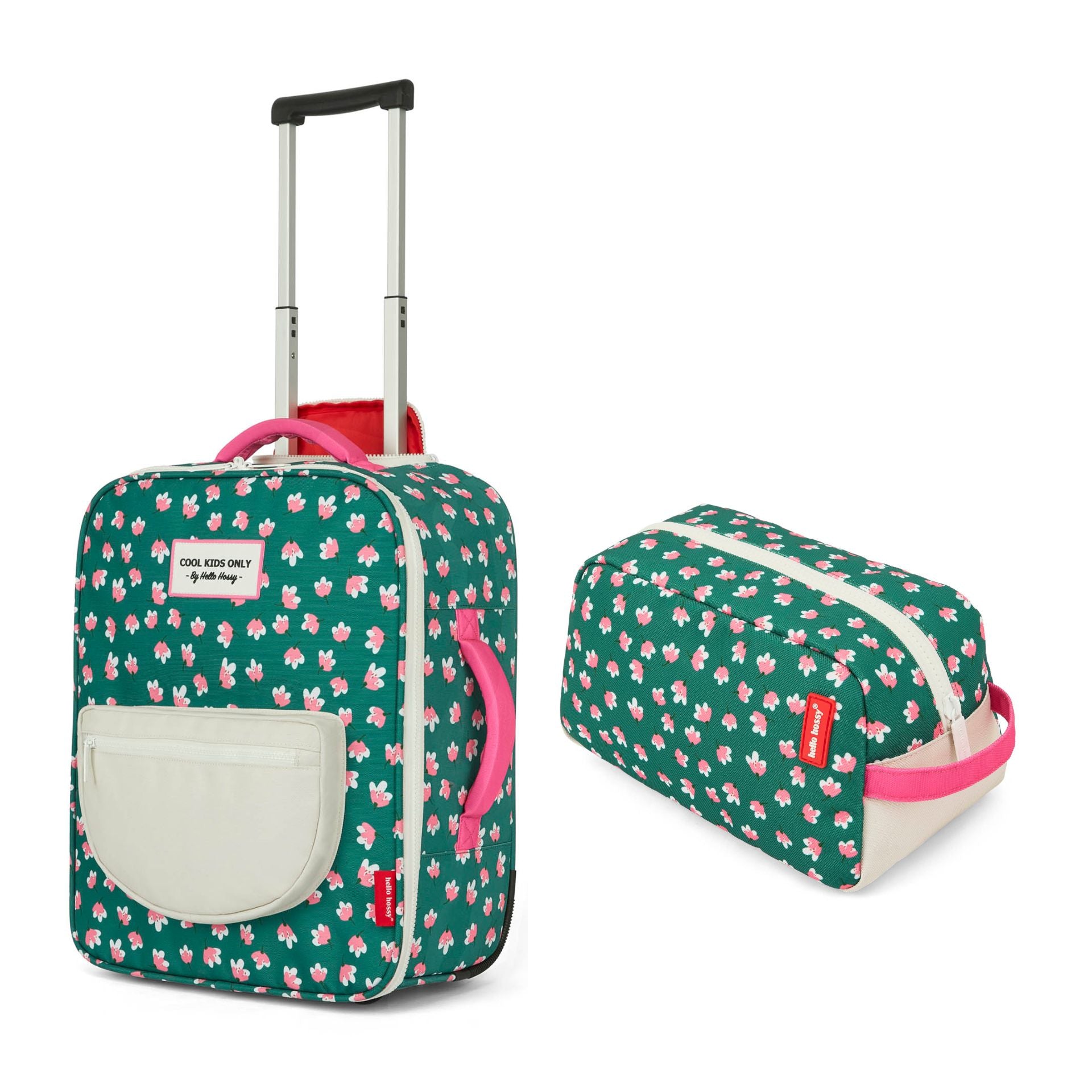 Valigia bambino verde a fiori con trousse abbinata Hello Hossy