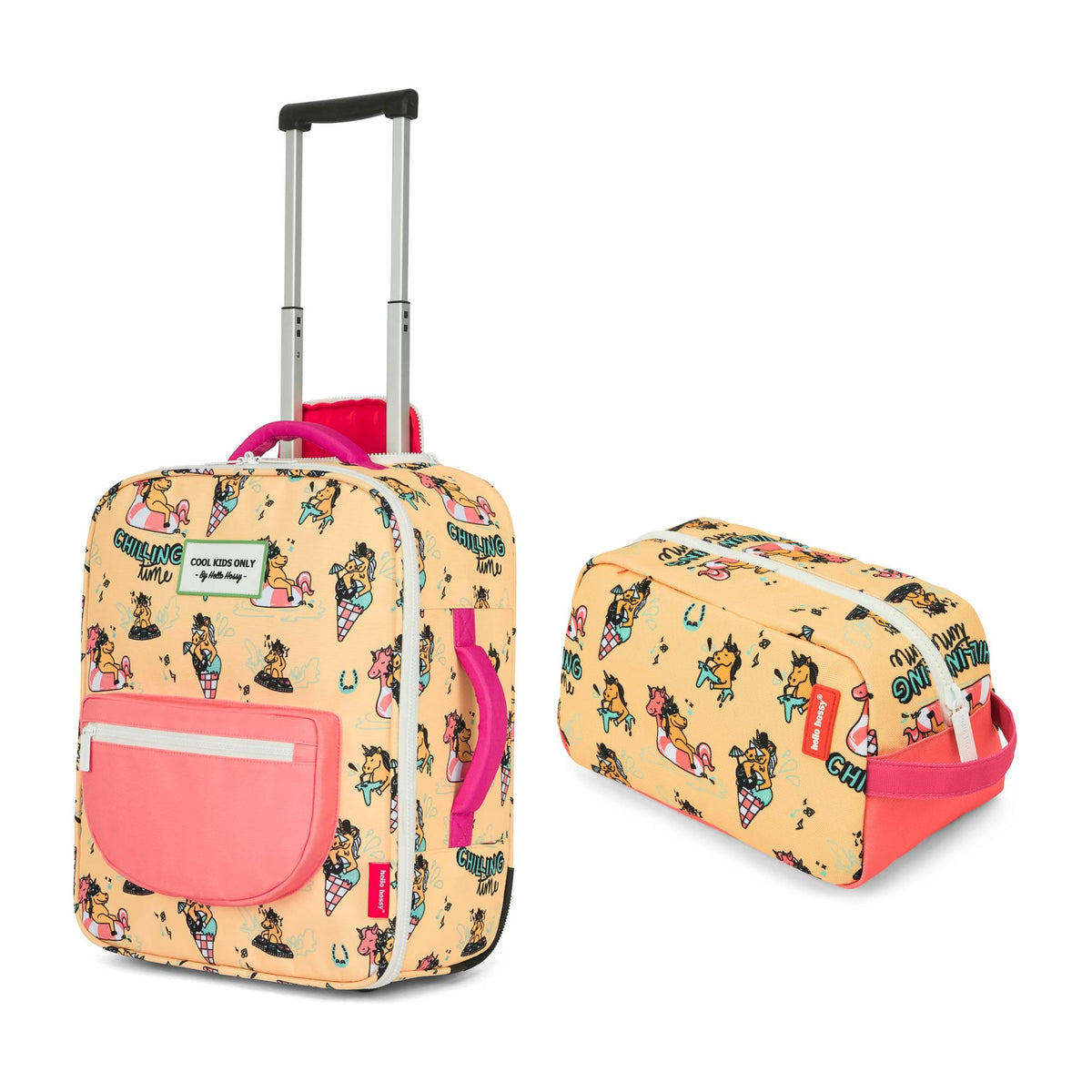 Valigia bambino gialla con motivo unicorni, manico rosa e astuccio coordinato Hello Hossy