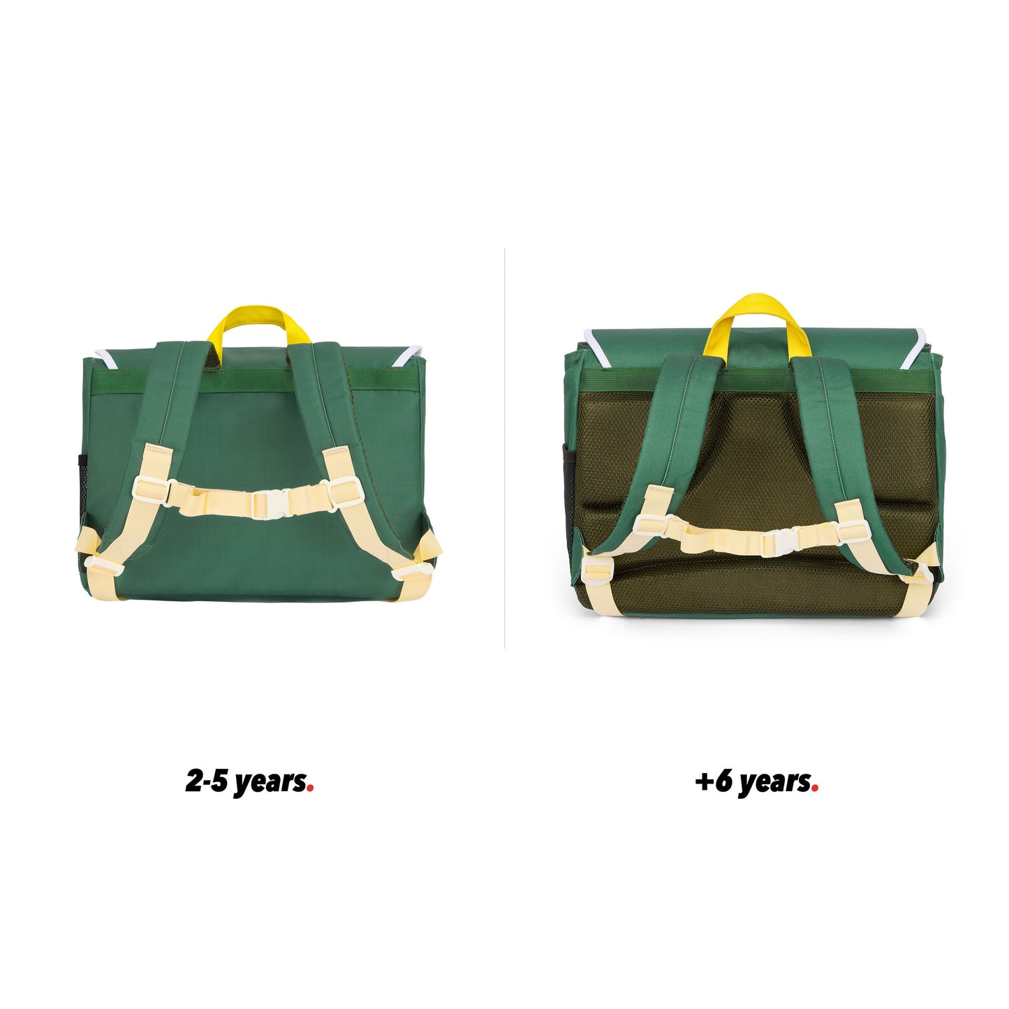 Zaino verde per bambino con tasca frontale marrone, vista posteriore, confronto tra 2 taglie Hello Hossy