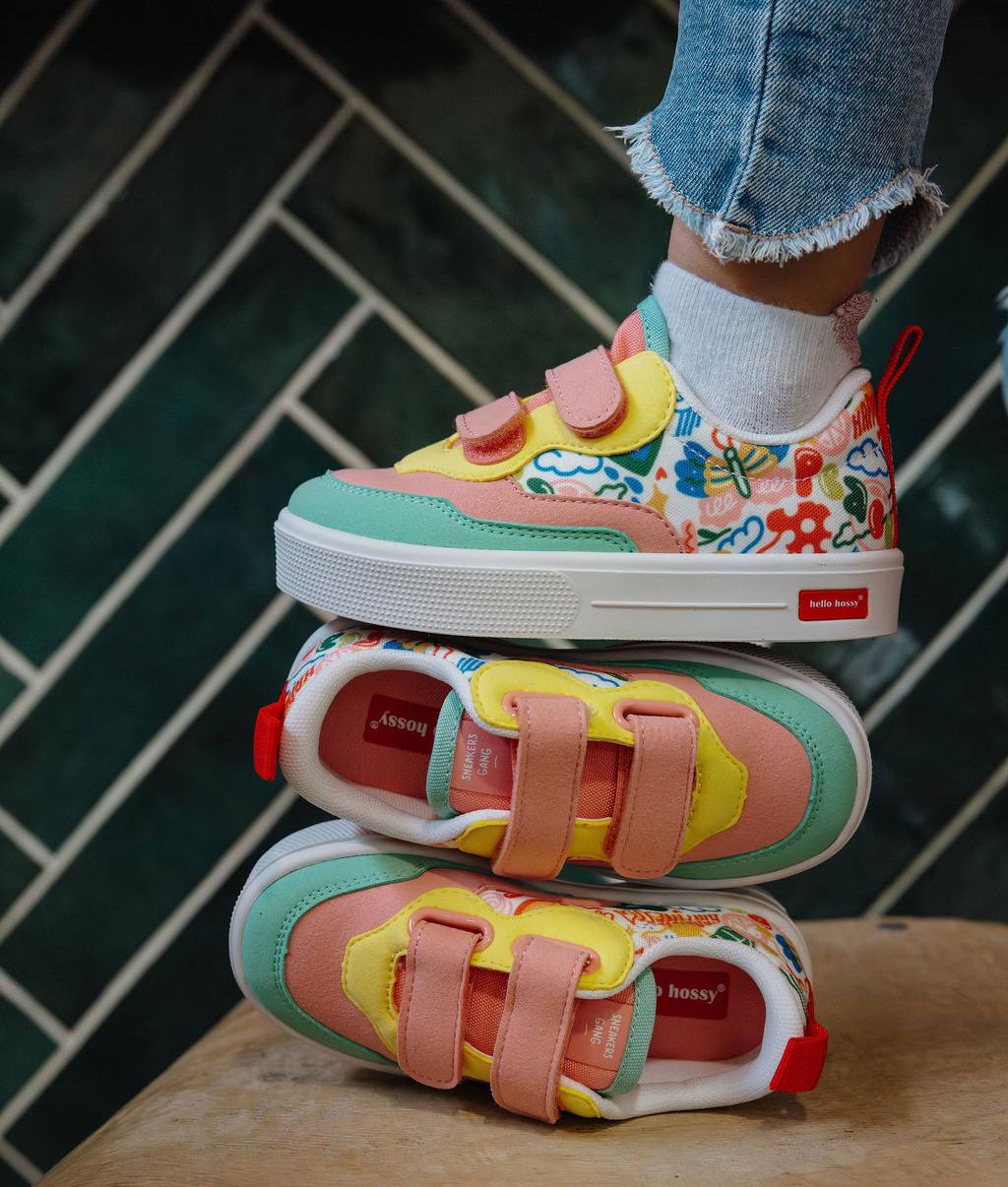 Sneakers per bambini rosa verdi e gialle, stampa arte multicolore, doppio velcro Hello Hossy